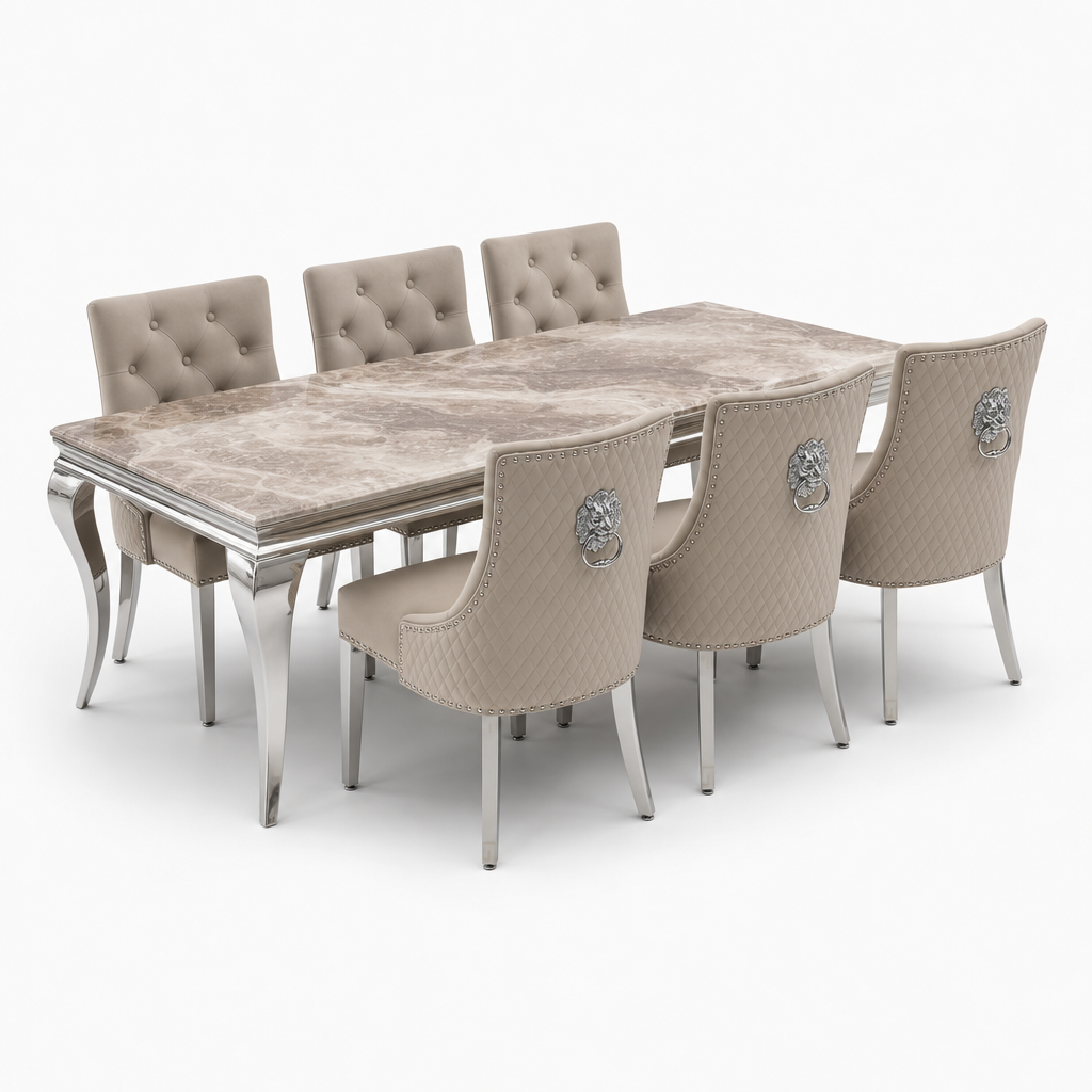 Louis Beige Marble Dining Set with Majestic Mink Velvet Chairs