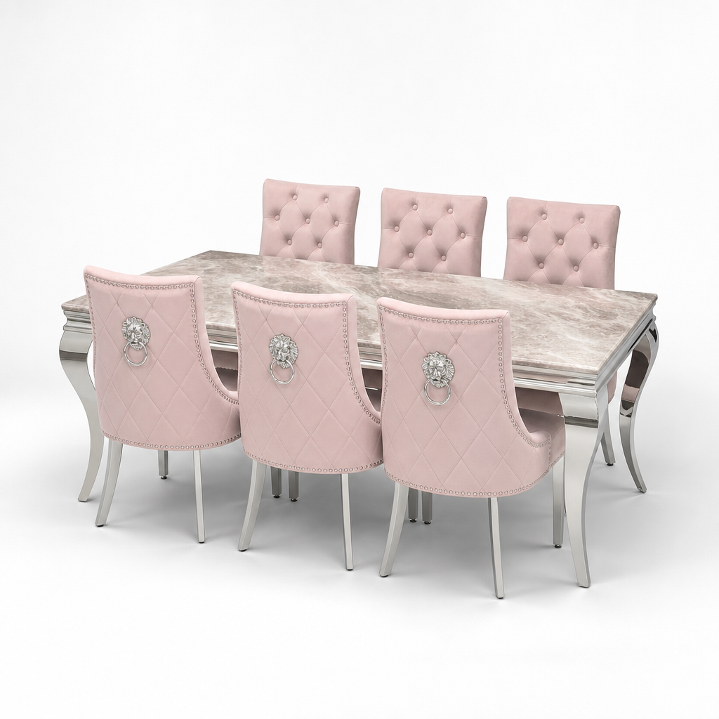 Louis Beige Marble Dining Set with Majestic Pink Velvet Chairs