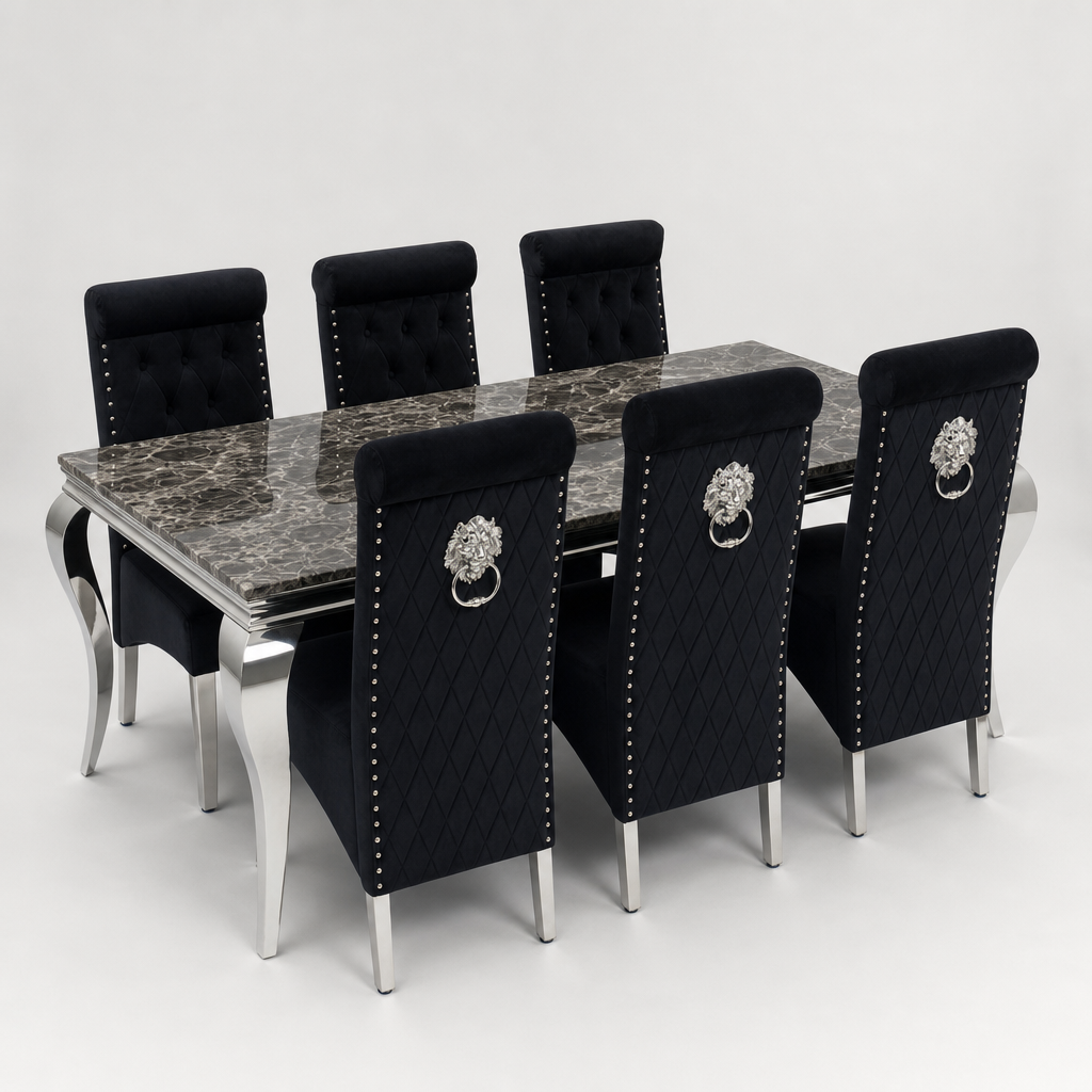 Louis Black Marble Dining Set with Lucy Black Velvet Chairs