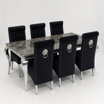 Louis Black Marble Dining Set with Lucy Black Velvet Chairs