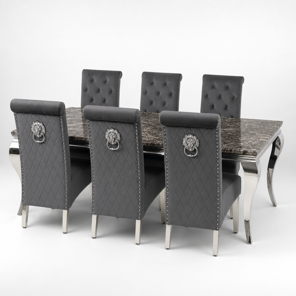Louis Black Marble Dining Set with Lucy Dark Grey Velvet Chairs