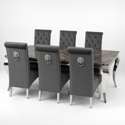 Louis Black Marble Dining Set with Lucy Dark Grey Velvet Chairs