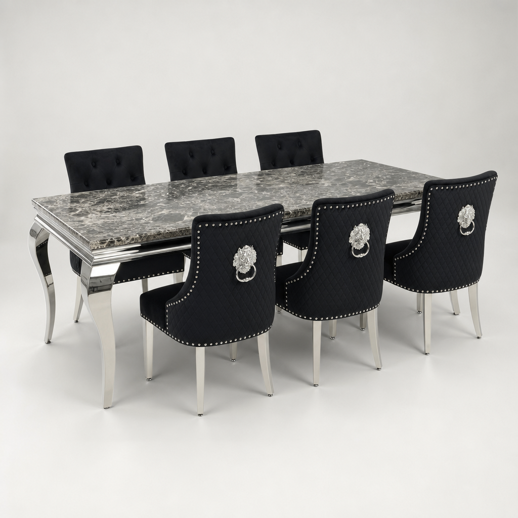 Louis Black Marble Dining Set with Majestic Black Velvet Chairs