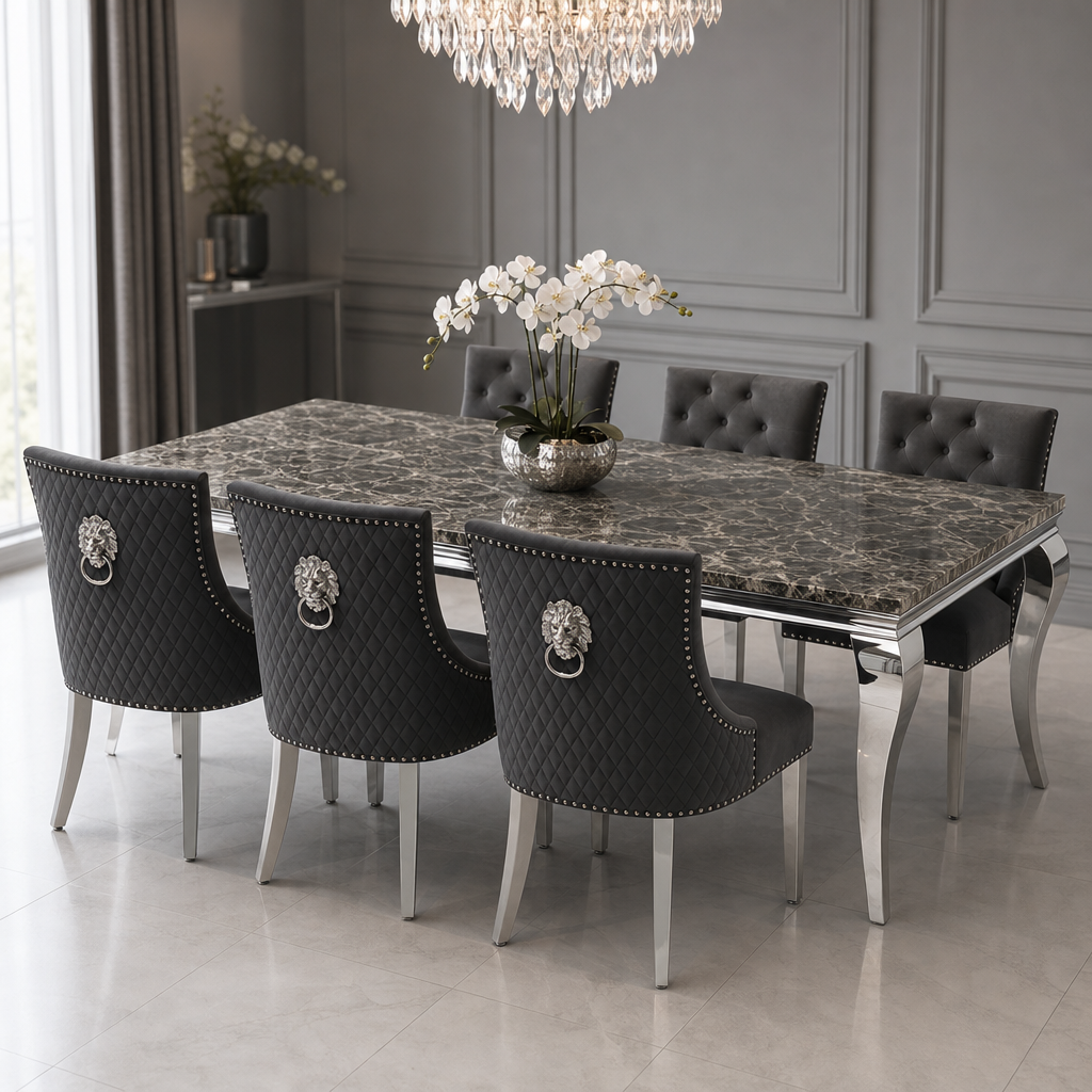 Louis Black Marble Dining Set styled in a modern dining room