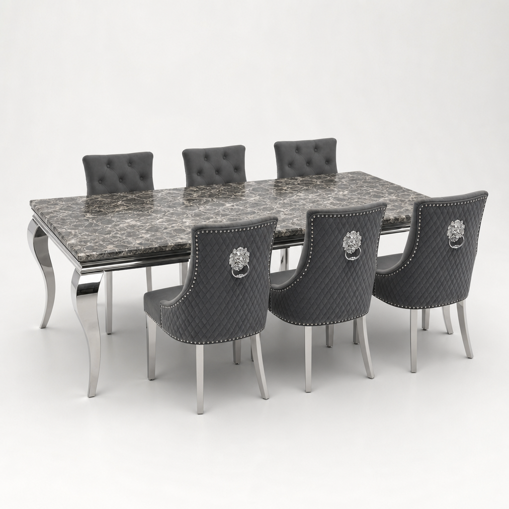 Louis Black Marble Dining Set with Majestic Dark Grey Velvet Chairs