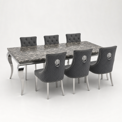 Louis Black Marble Dining Set with Majestic Dark Grey Velvet Chairs