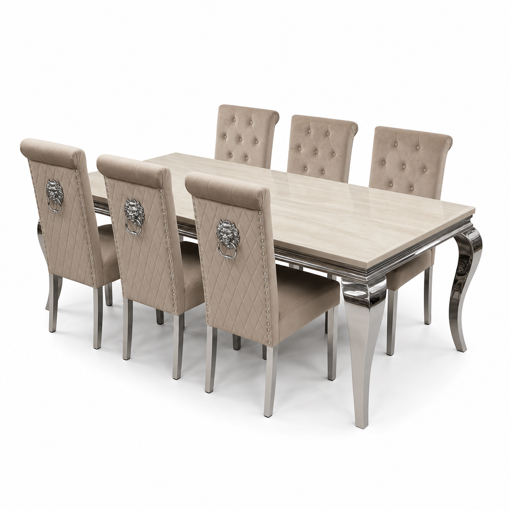 Louis Cream Marble Dining Set with Lucy Mink Velvet Chairs