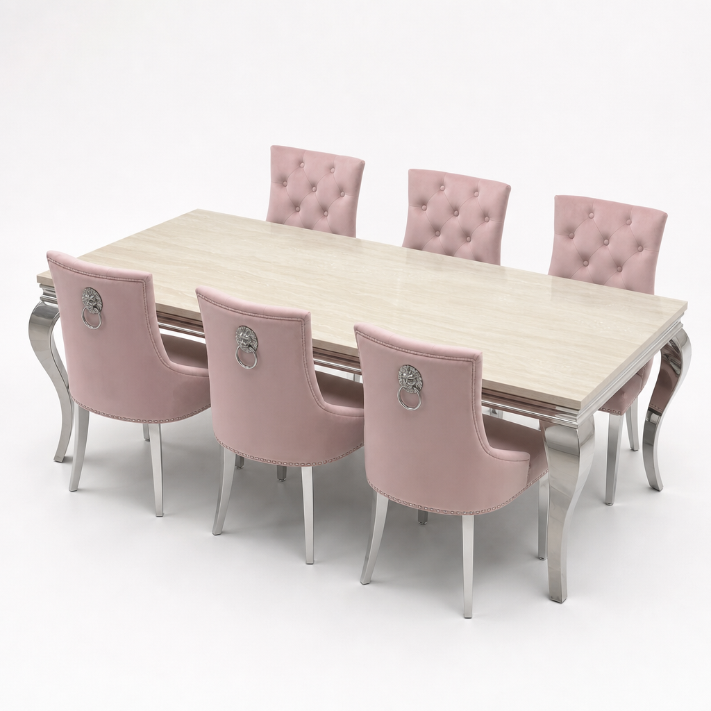 Louis Cream Marble Dining Set with Majestic Pink Velvet Chairs