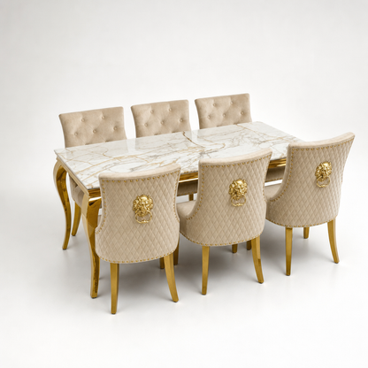 Louis White Gold Marble Dining Set with Majestic Mink Velvet Chairs with Gold Legs - studio