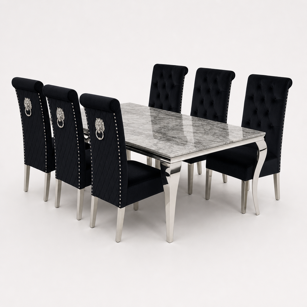 Louis Grey Marble Dining Set with Lucy Black Velvet Chairs