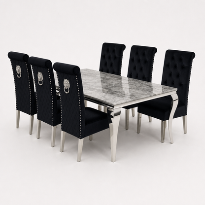 Louis Grey Marble Dining Set with Lucy Black Velvet Chairs