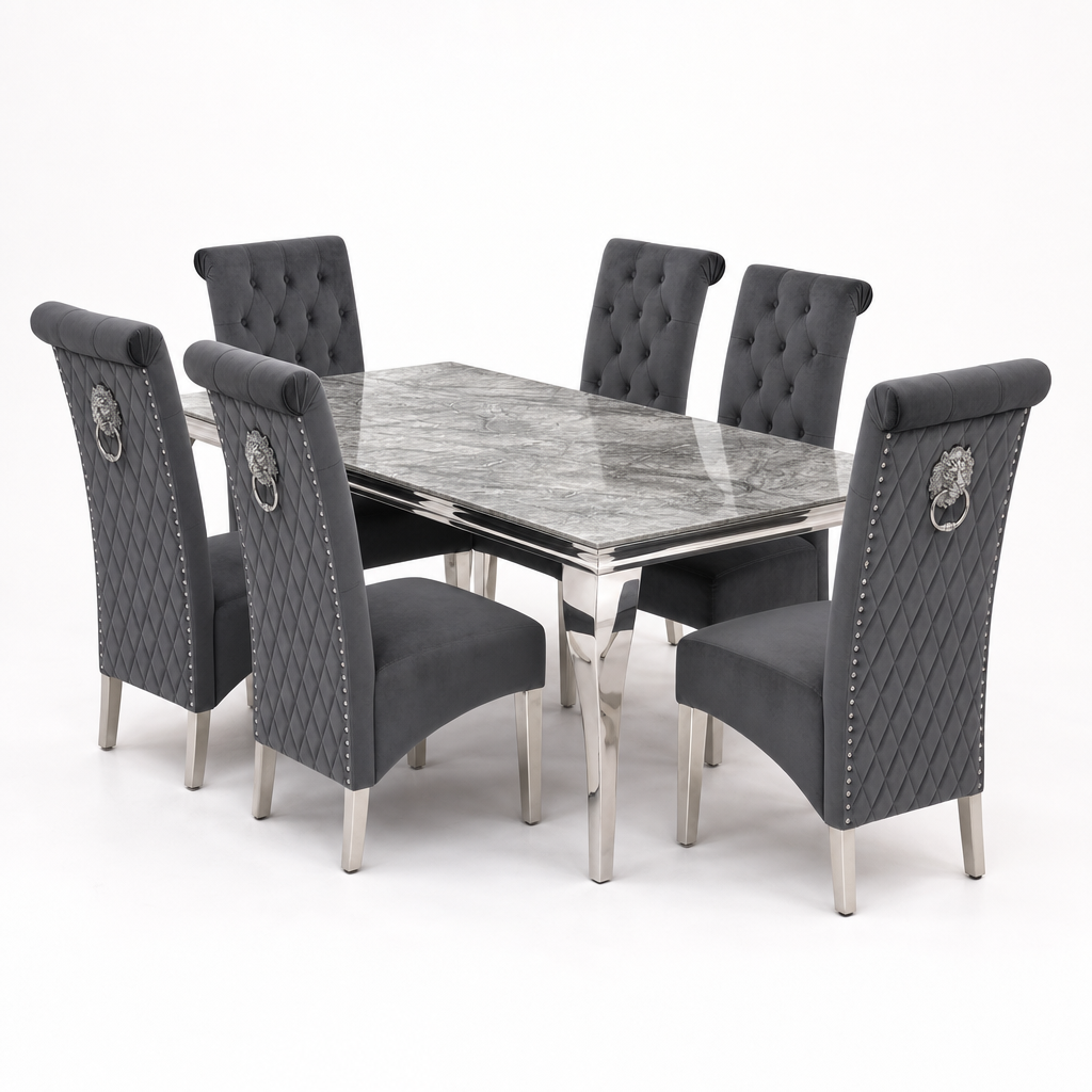 Louis Grey Marble Dining Set with Lucy Dark Grey Velvet Chairs