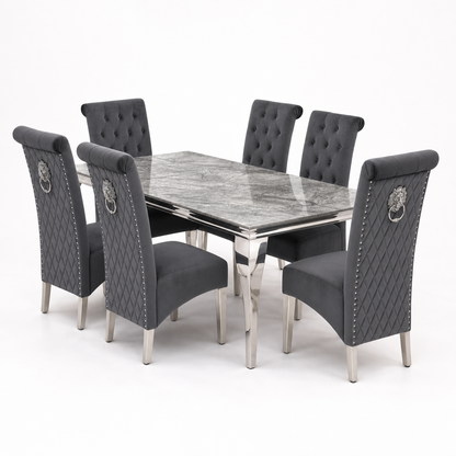 Louis Grey Marble Dining Set with Lucy Dark Grey Velvet Chairs
