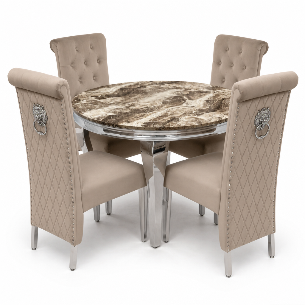 Louis Beige Marble Round Dining Set with Lucy Mink Velvet Chairs