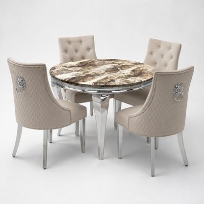 Louis Beige Marble Round Dining Set with Majestic Mink Velvet Chairs
