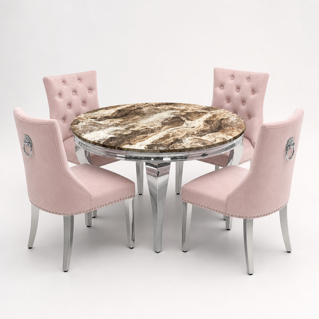Louis Beige Marble Round Dining Set with Majestic Pink Velvet Chairs
