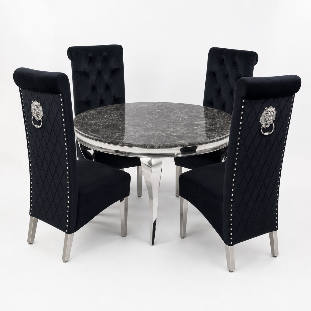 Louis Black Marble Round Dining Set with Lucy Black Velvet Chairs