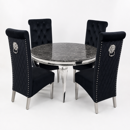 Louis Black Marble Round Dining Set with Lucy Black Velvet Chairs