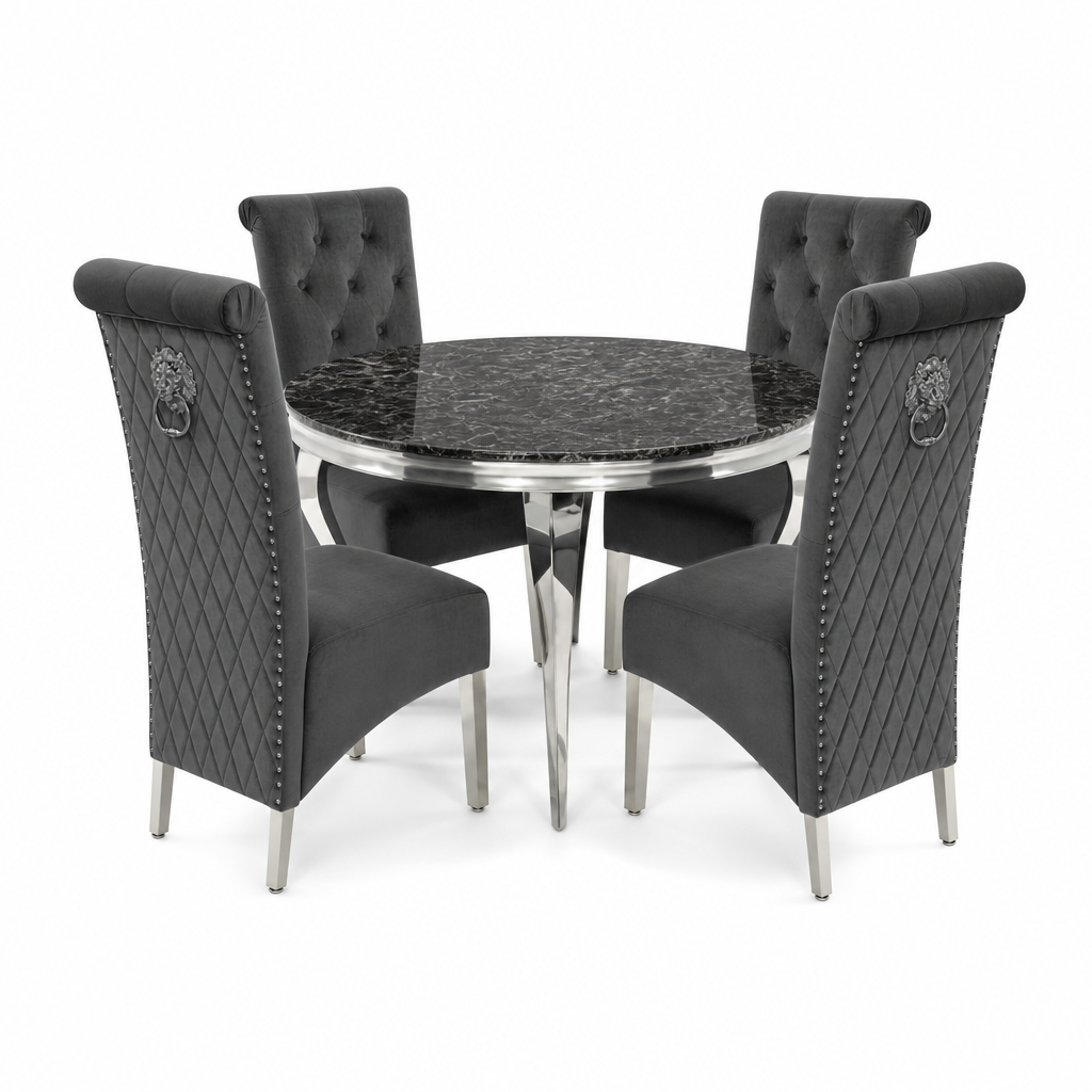 Louis Black Marble Round Dining Set with Lucy Dark Grey Velvet Chairs