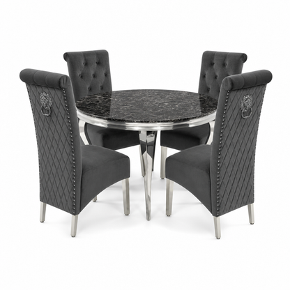 Louis Black Marble Round Dining Set with Lucy Dark Grey Velvet Chairs