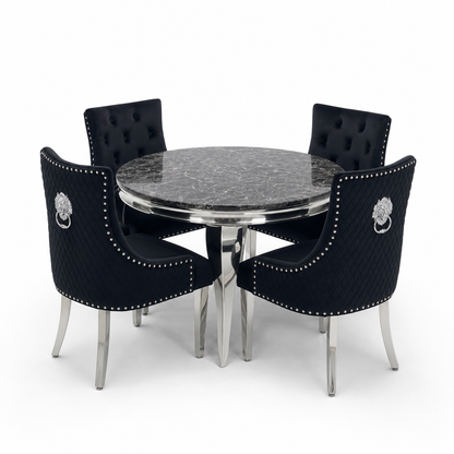 Louis Black Marble Round Dining Set with Majestic Black Velvet Chairs
