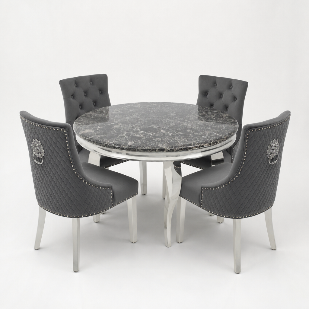 Louis Black Marble Round Dining Set with Majestic Dark Grey Velvet Chairs