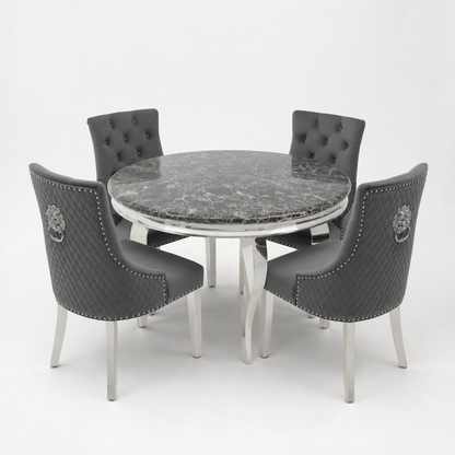 Louis Black Marble Round Dining Set with Majestic Dark Grey Velvet Chairs
