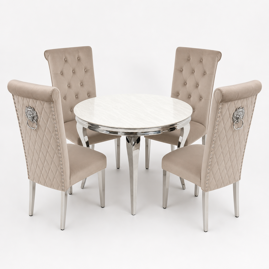 Louis Cream Marble Round Dining Set with Lucy Mink Velvet Chairs