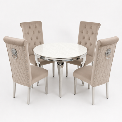 Louis Cream Marble Round Dining Set with Lucy Mink Velvet Chairs