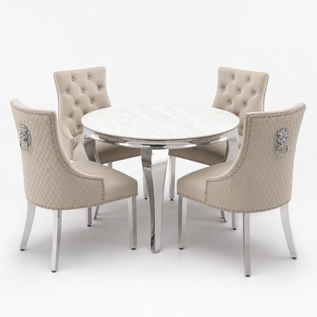 Louis Cream Marble Round Dining Set with Majestic Mink Velvet Chairs