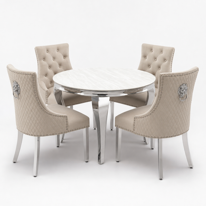 Louis Cream Marble Round Dining Set with Majestic Mink Velvet Chairs