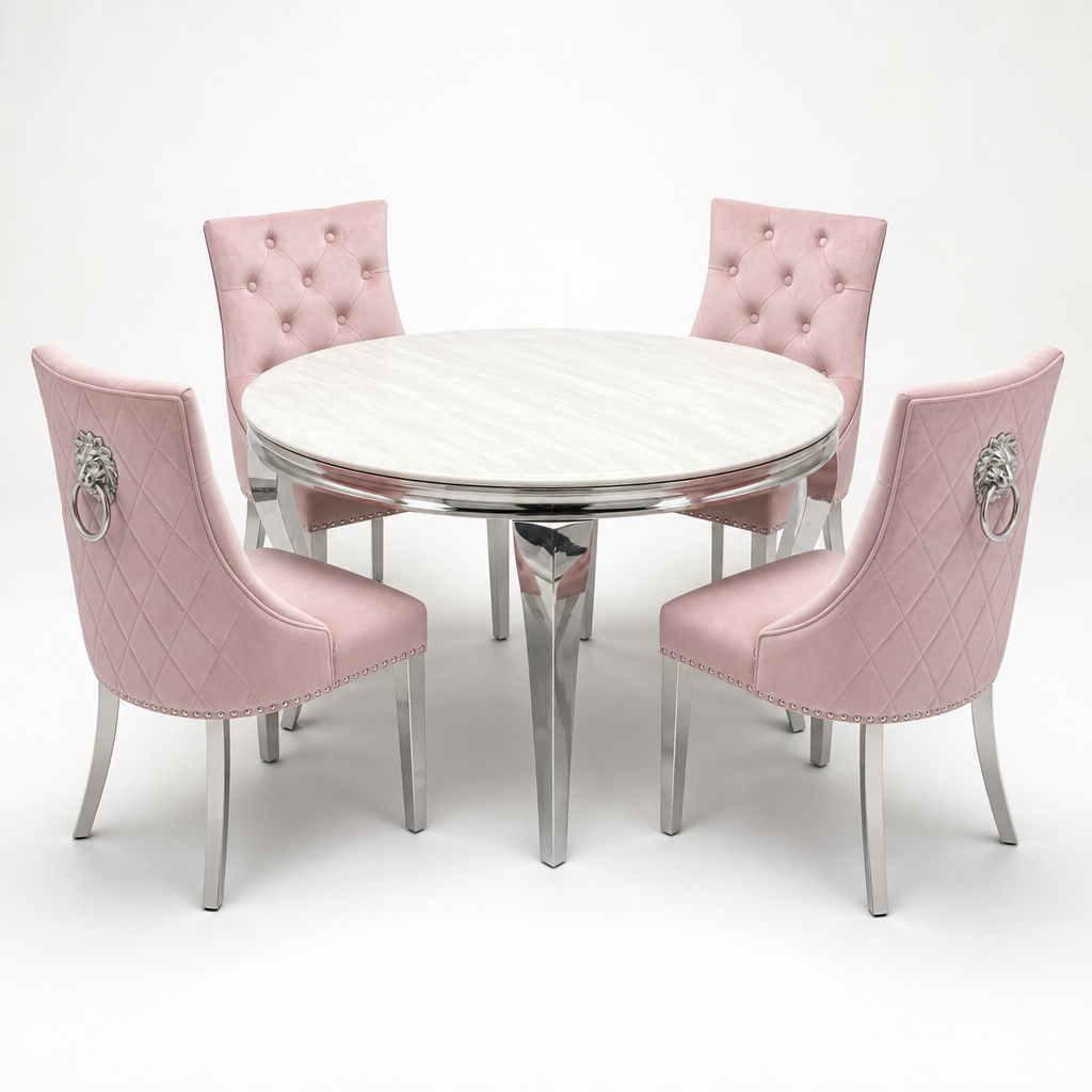 Louis Cream Marble Round Dining Set with Majestic Pink Velvet Chairs