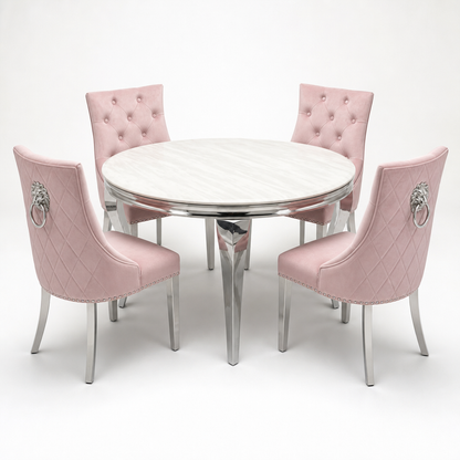 Louis Cream Marble Round Dining Set with Majestic Pink Velvet Chairs