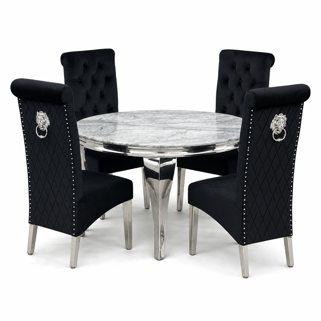 Louis Grey Marble Round Dining Set with Lucy Black Velvet Chairs