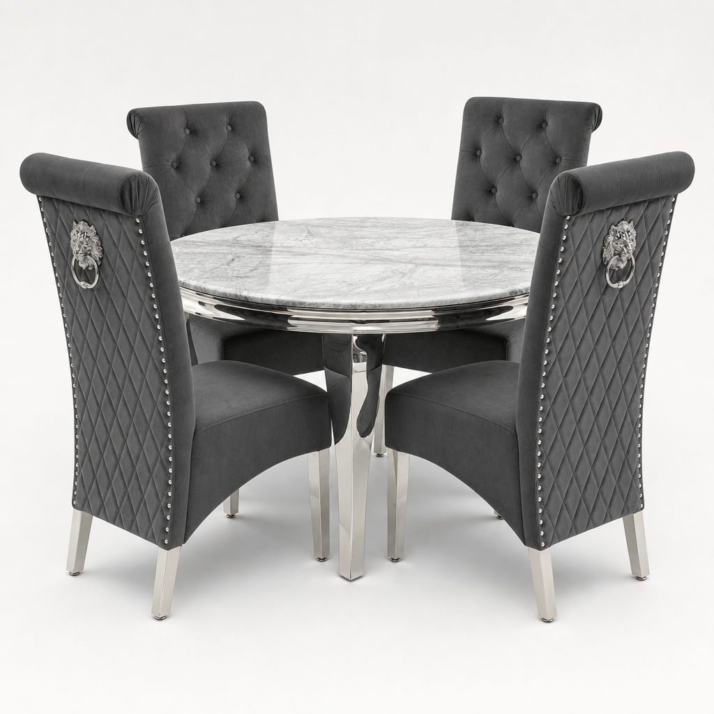 Louis Grey Marble Round Dining Set with Lucy Dark Grey Velvet Chairs