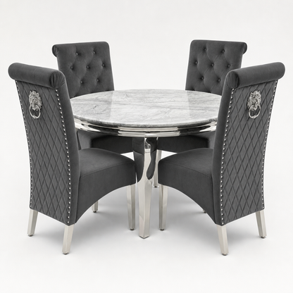Louis Grey Marble Round Dining Set with Lucy Dark Grey Velvet Chairs