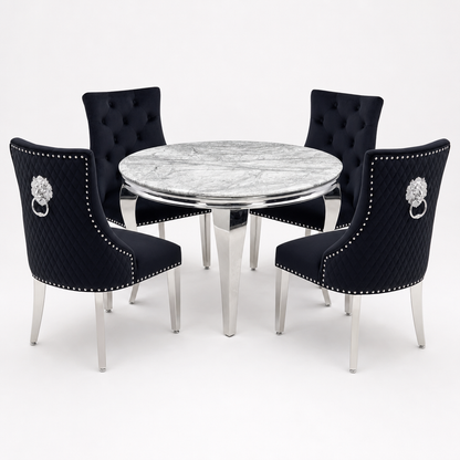 Louis Grey Marble Round Dining Set with Majestic Black Velvet Chairs