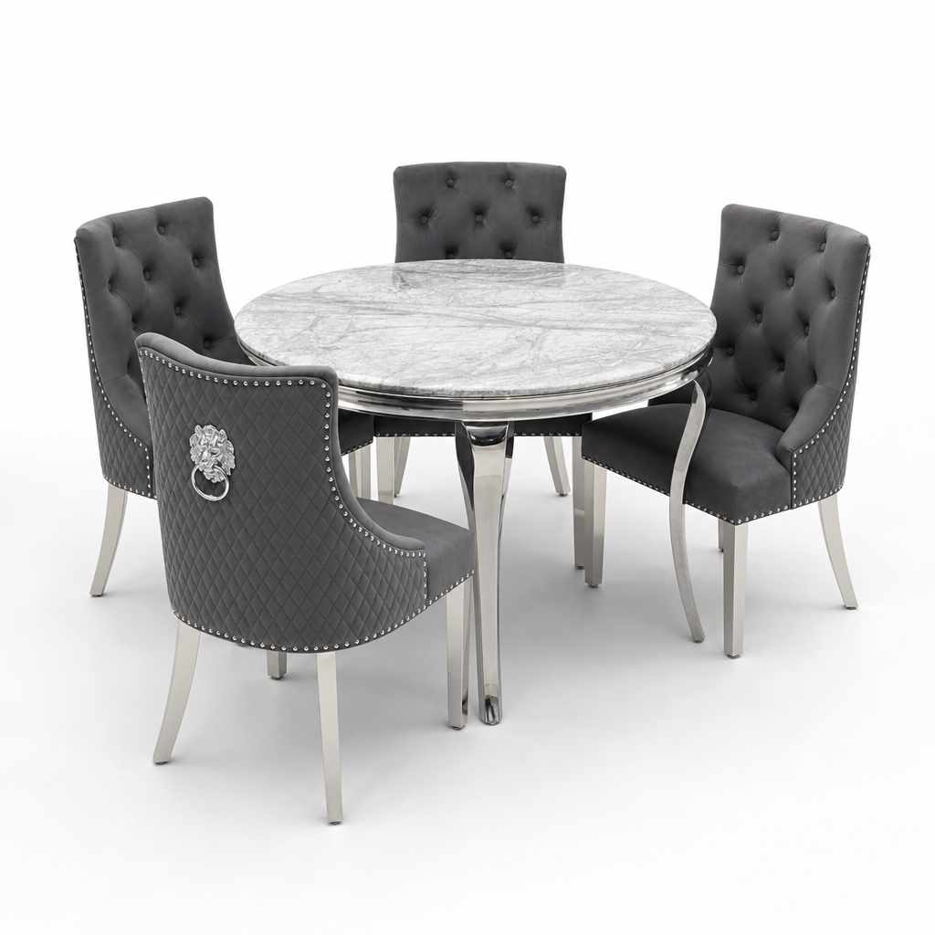 Louis Grey Marble Round Dining Set with Majestic Dark Grey Velvet Chairs