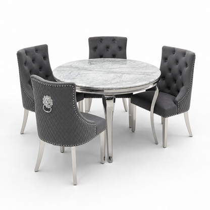 Louis Grey Marble Round Dining Set with Majestic Dark Grey Velvet Chairs