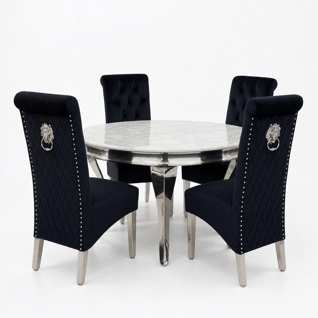 Louis White Marble Round Dining Set with Lucy Black Velvet Chairs