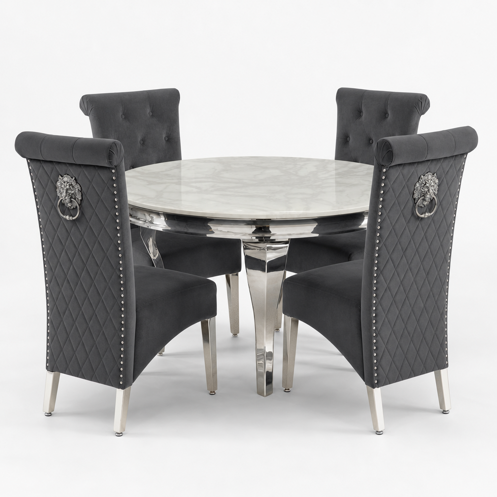 Louis White Marble Round Dining Set with Lucy Dark Grey Velvet Chairs