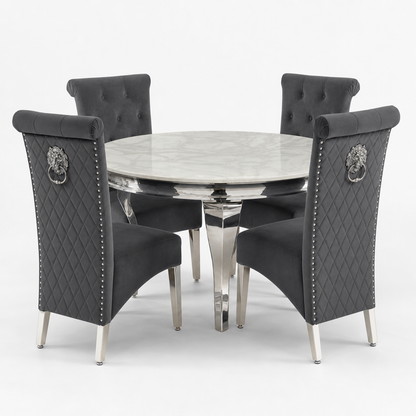 Louis White Marble Round Dining Set with Lucy Dark Grey Velvet Chairs