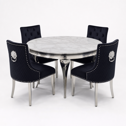 Louis White Marble Round Dining Set with Majestic Black Velvet Chairs