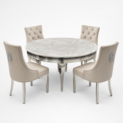 Louis White Marble Round Dining Set with Majestic Mink Velvet Chairs
