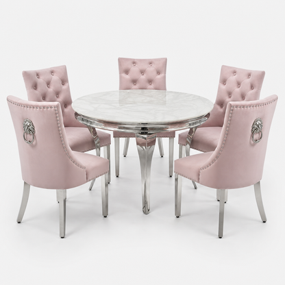 Louis White Marble Round Dining Set with Majestic Pink Velvet Chairs