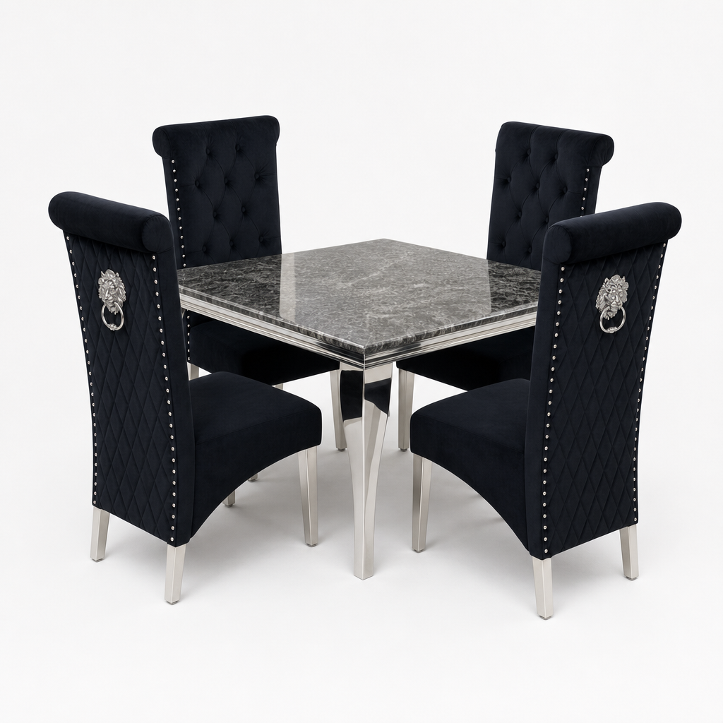 Louis Black Marble Square Dining Set with Lucy Black Velvet Chairs - studio