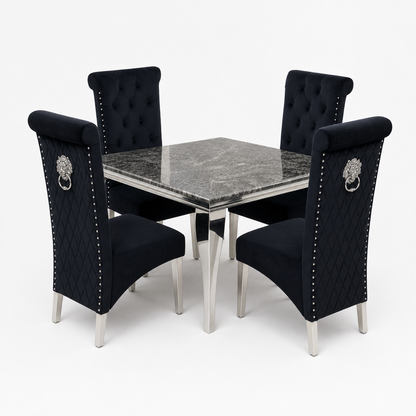 Louis Black Marble Square Dining Set with Lucy Black Velvet Chairs - studio
