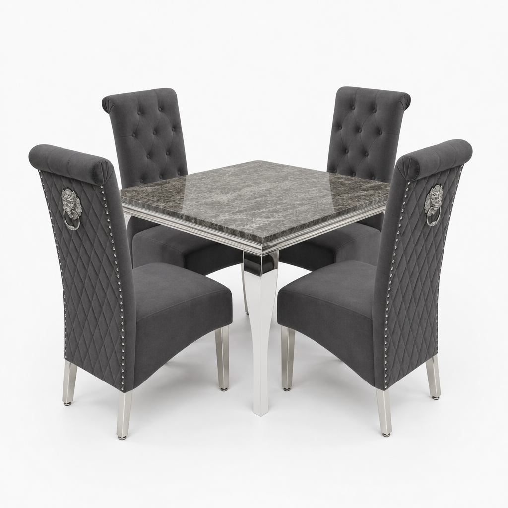 Louis Black Marble Square Dining Set with Lucy Dark Grey Velvet Chairs - studio