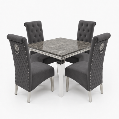 Louis Black Marble Square Dining Set with Lucy Dark Grey Velvet Chairs - studio
