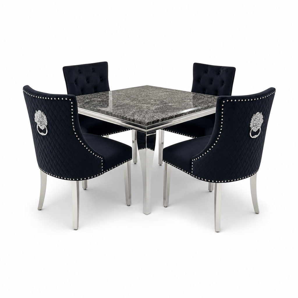 Louis Black Marble Square Dining Set with Majestic Black Velvet Chairs - studio